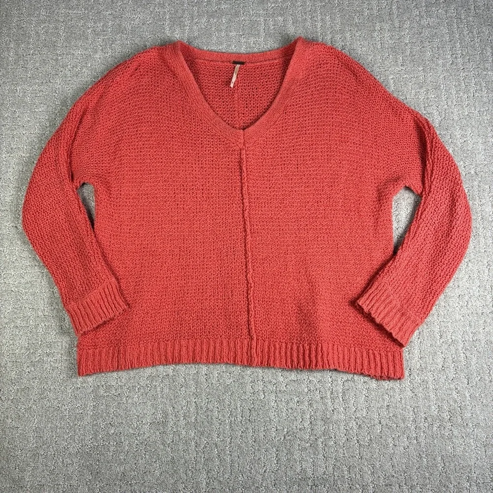 Free People Sweater Womens Open Weave Knit V-Neck Slubby Coral Orange Pullover S